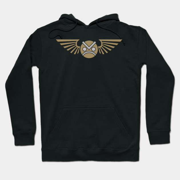 Black hoodie with gold tribal owl design, featuring a front pocket and adjustable drawstrings, ideal for casual wear.