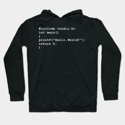 Black coding-themed hoodie with white "Hello, World!" print, perfect for programmers. Soft cotton material, casual style.