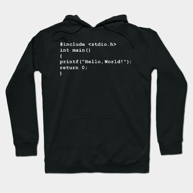 Black coding-themed hoodie with white "Hello, World!" print, perfect for programmers. Soft cotton material, casual style.