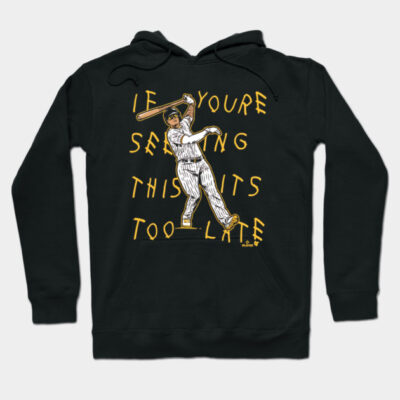 Black graphic hoodie with baseball player design and text, casual style, cotton blend, perfect for sports fans.