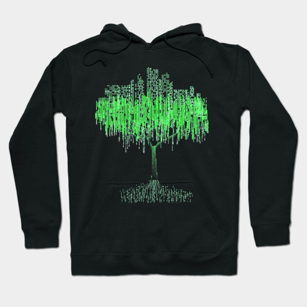 Black hoodie with green digital tree design, unisex style, comfortable cotton blend, perfect for casual wear.