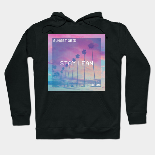 Black hoodie with "Stay Lean" printed design, featuring a sunset and palm trees. Perfect for casual wear and comfort.