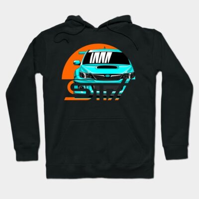 Black hoodie with graphic teal and orange car design, casual style, comfortable cotton blend material, ideal for car enthusiasts.