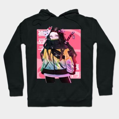 Black hoodie with colorful anime graphic design, featuring a vibrant character illustration, perfect for casual wear.