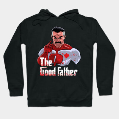Black hoodie with "The Good Father" graphic print, featuring a bold, colorful design. Ideal for casual wear.
