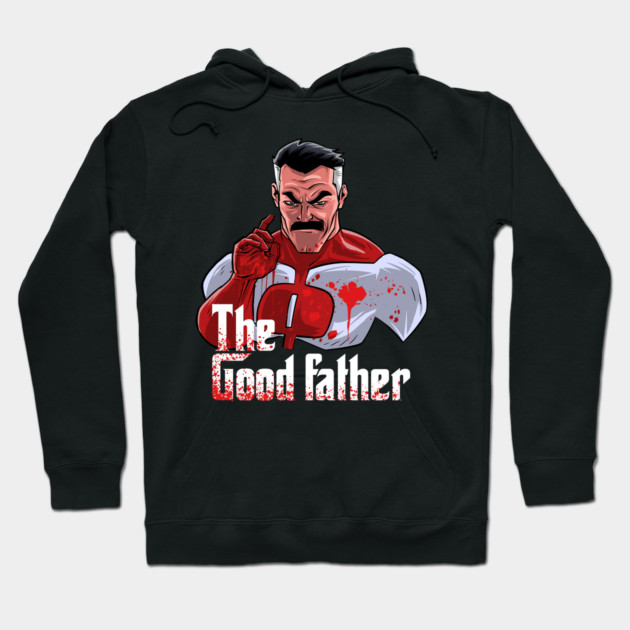 Black hoodie with "The Good Father" graphic print, featuring a bold, colorful design. Ideal for casual wear.