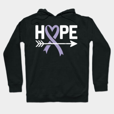Black hoodie with "Hope" design, featuring a purple ribbon and arrow. Perfect for casual wear and support awareness.