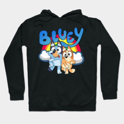 Black "Bluey" hoodie with colorful cartoon print, featuring playful dogs and rainbow design. Cozy and stylish for casual wear.