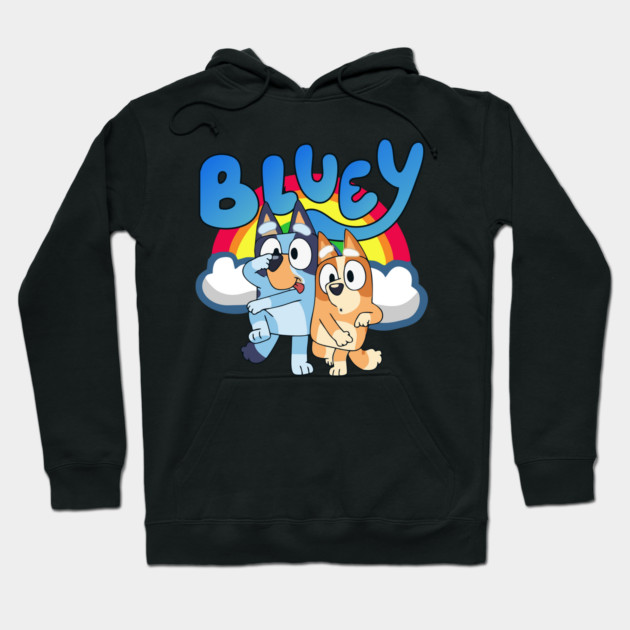 Black "Bluey" hoodie with colorful cartoon print, featuring playful dogs and rainbow design. Cozy and stylish for casual wear.