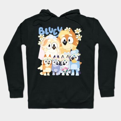 Black hoodie with colorful cartoon dog family print, cozy and stylish for casual wear, made of soft cotton blend.