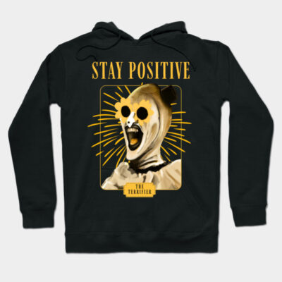 Black hoodie with "Stay Positive" graphic, featuring a bold design. Cozy cotton material, perfect for casual wear.