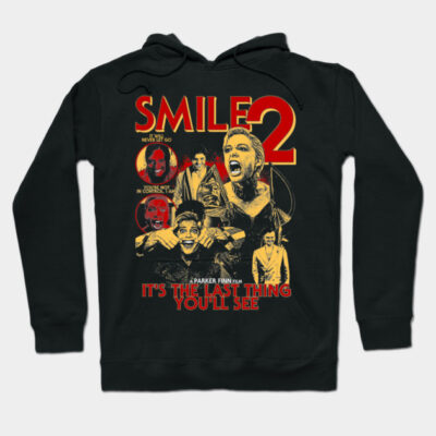 Black "Smile 2" graphic hoodie featuring horror-themed design, perfect for casual wear, cotton material.