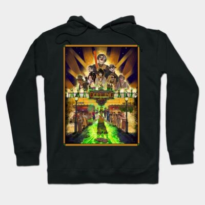 Black hoodie with vibrant graphic print, featuring a retro cinema theme. Cozy cotton blend, perfect for casual wear.