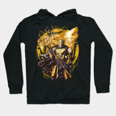 Black hoodie with a bold graphic design featuring a futuristic warrior and wolf, perfect for casual wear and comfort.