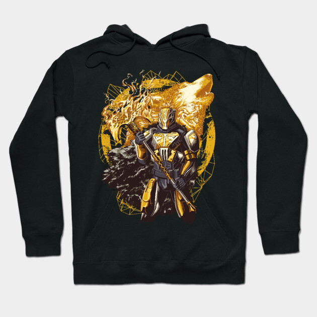 Black hoodie with a bold graphic design featuring a futuristic warrior and wolf, perfect for casual wear and comfort.