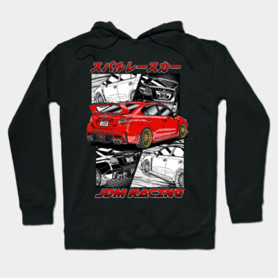 Black hoodie with red JDM racing car graphic, featuring sporty design and Japanese text. Ideal for car enthusiasts.