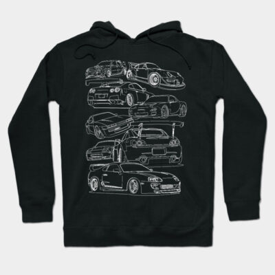 Black hoodie with car line art design, casual style, cotton material, ideal for car enthusiasts.