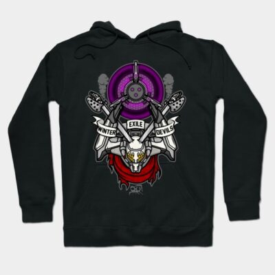 Black hoodie with colorful graphic design featuring text "Winter Exile Devils," modern style, casual wear.