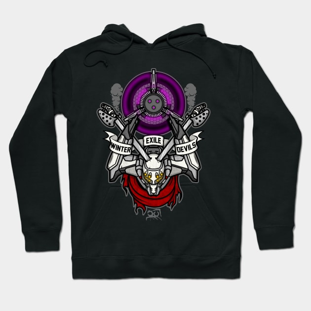 Black hoodie with colorful graphic design featuring text "Winter Exile Devils," modern style, casual wear.