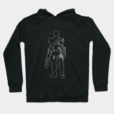 Black graphic hoodie featuring a futuristic warrior design, perfect for casual wear, made from soft cotton blend material.