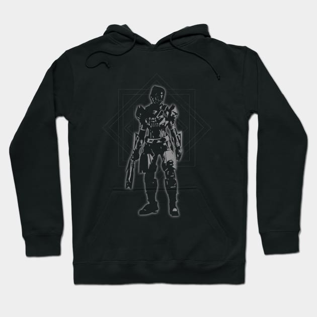 Black graphic hoodie featuring a futuristic warrior design, perfect for casual wear, made from soft cotton blend material.