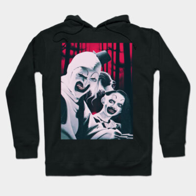 Black horror-themed hoodie with creepy clown design, perfect for Halloween or casual wear. Warm cotton material.