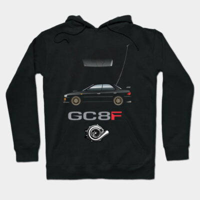 Black hoodie with GC8F car graphic, sporty style, perfect for casual wear, cotton material.