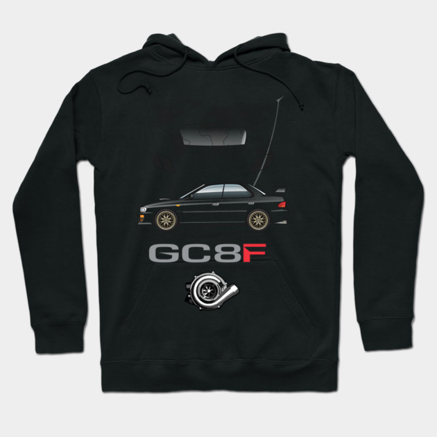 Black hoodie with GC8F car graphic, sporty style, perfect for casual wear, cotton material.