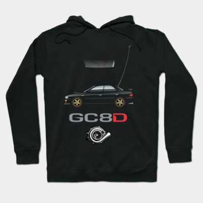 Black hoodie with car graphic, "GC8D" text, and turbo design. Casual style, comfortable material, perfect for car enthusiasts.