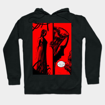 Black hoodie with bold red graphic design, featuring abstract art and text. Comfortable cotton material, unisex style.