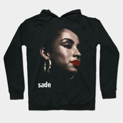 Black graphic hoodie with vintage portrait design and "sade" text, featuring drawstring hood and front pocket.