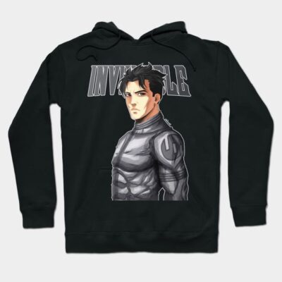Black hoodie with graphic print, featuring bold "Invincible" text, perfect for casual wear and made from soft fabric.