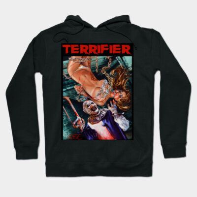 Black "Terrifier" graphic hoodie, horror-themed design, cozy cotton blend, unisex casual wear.