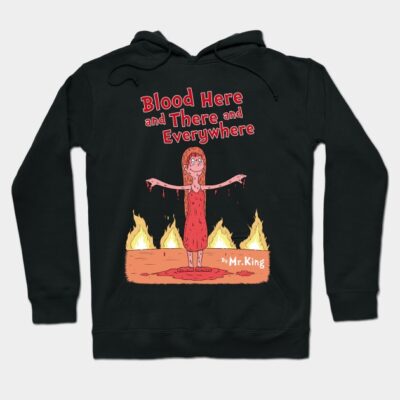 Black hoodie with "Blood Here and There and Everywhere" graphic, fiery background, horror-themed design.