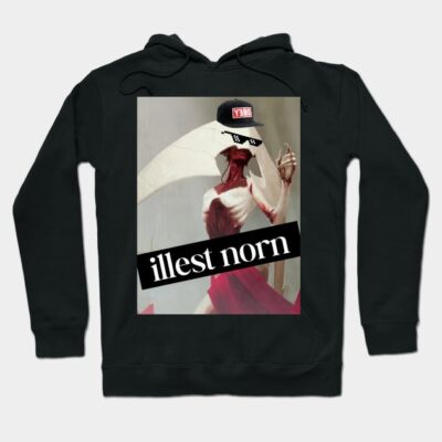 Black hoodie with graphic print, featuring "illest norn" text, casual style, cotton blend, perfect for everyday wear.