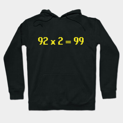 Black hoodie with yellow pixel art text "92 x 2 = 99" on the front, casual style, cotton blend, unisex design.