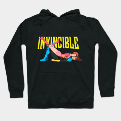 Black hoodie with "Invincible" graphic, featuring a retro superhero design. Comfortable, casual wear for all seasons.