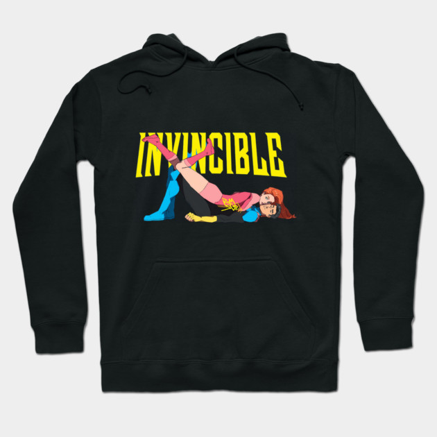 Black hoodie with "Invincible" graphic, featuring a retro superhero design. Comfortable, casual wear for all seasons.