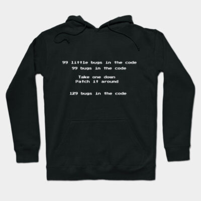 Black hoodie with humorous "99 bugs in the code" text, perfect for programmers. Soft cotton material, casual style.