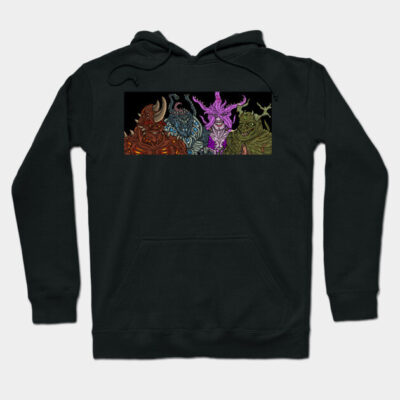 Black hoodie with colorful fantasy creature design, cotton material, casual style, perfect for everyday wear.