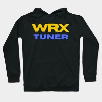 Black hoodie with bold yellow and blue "WRX Tuner" text, featuring drawstrings and a front pocket for casual wear.