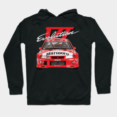 Black hoodie featuring red Mitsubishi Evolution car graphic design, casual style, perfect for car enthusiasts.