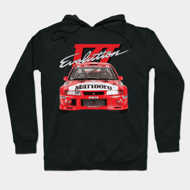 Black hoodie featuring red Mitsubishi Evolution car graphic design, casual style, perfect for car enthusiasts.