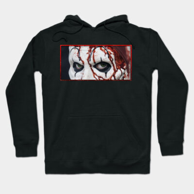 Black horror-themed hoodie with spooky mask design, featuring blood details. Perfect for Halloween or casual wear.
