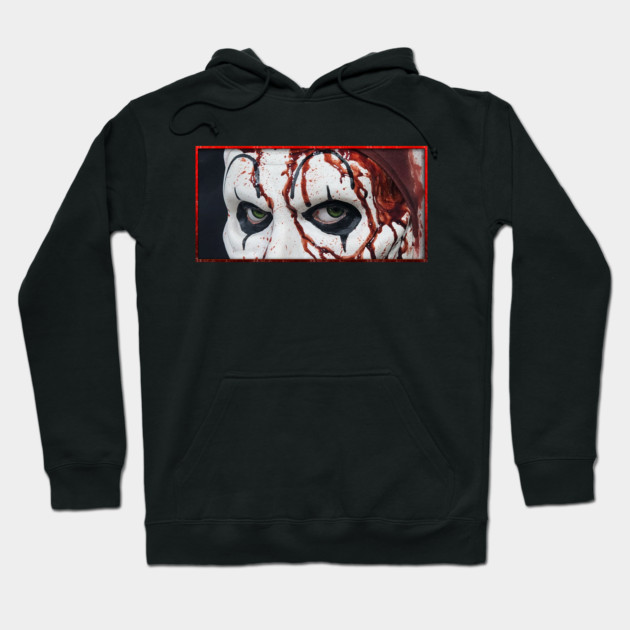 Black horror-themed hoodie with spooky mask design, featuring blood details. Perfect for Halloween or casual wear.