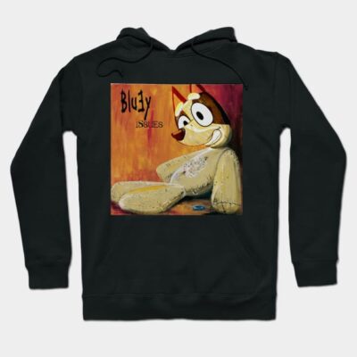 Black hoodie with colorful cartoon dog print, cozy fleece material, ideal for casual wear and comfort.