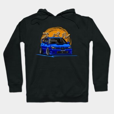 Black hoodie with blue car graphic design, orange accents, and Japanese text. Casual wear, cotton blend material.