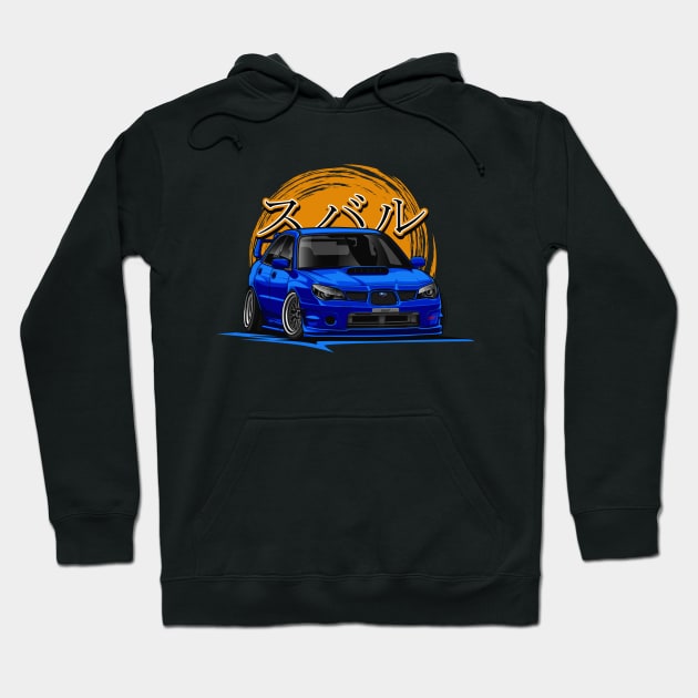 Black hoodie with blue car graphic design, orange accents, and Japanese text. Casual wear, cotton blend material.