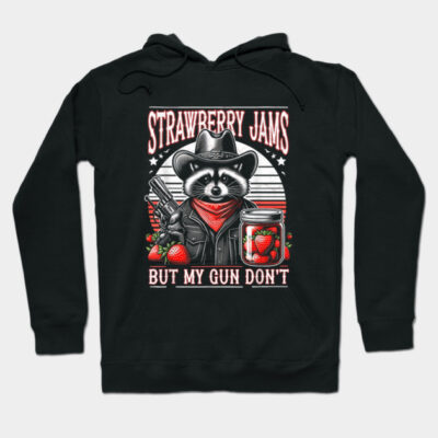 Black hoodie with raccoon graphic, cowboy theme, and "Strawberry Jams" text. Casual wear, cotton blend material.
