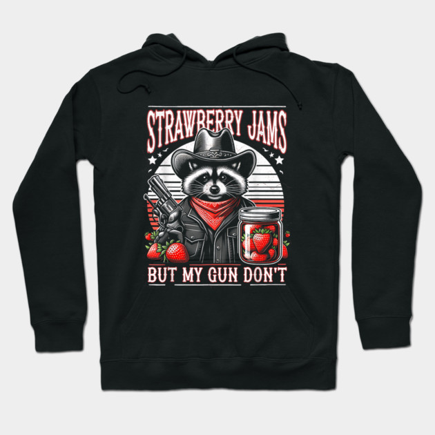 Black hoodie with raccoon graphic, cowboy theme, and "Strawberry Jams" text. Casual wear, cotton blend material.